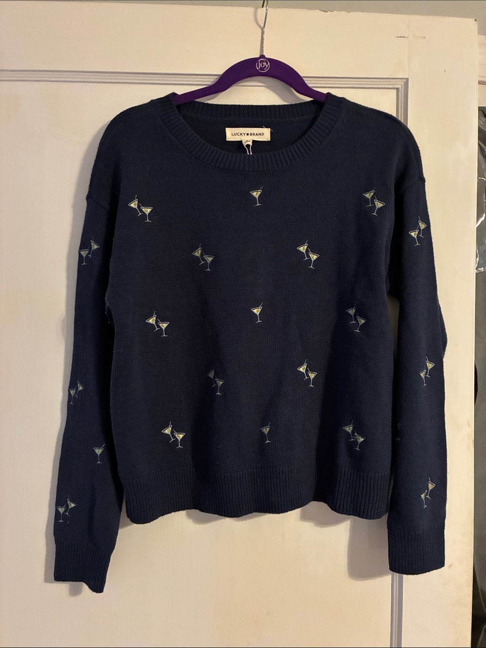Lucky Brand Navy Crewneck Sweater with Martini Embroidery